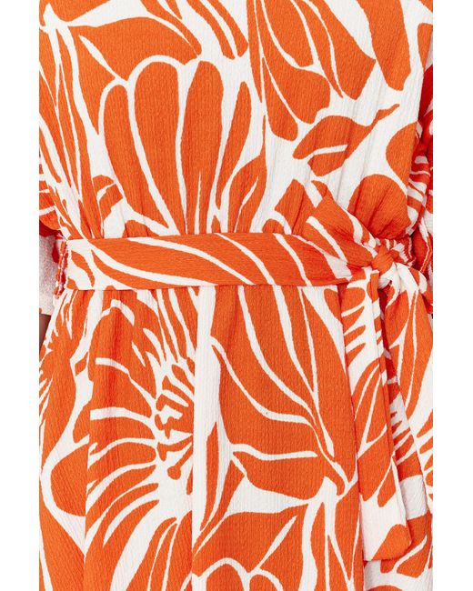 Trendyol Orange Dehnbares midi-strickkleid bedruckt, entspannte passform mit poolkragen und gürtel