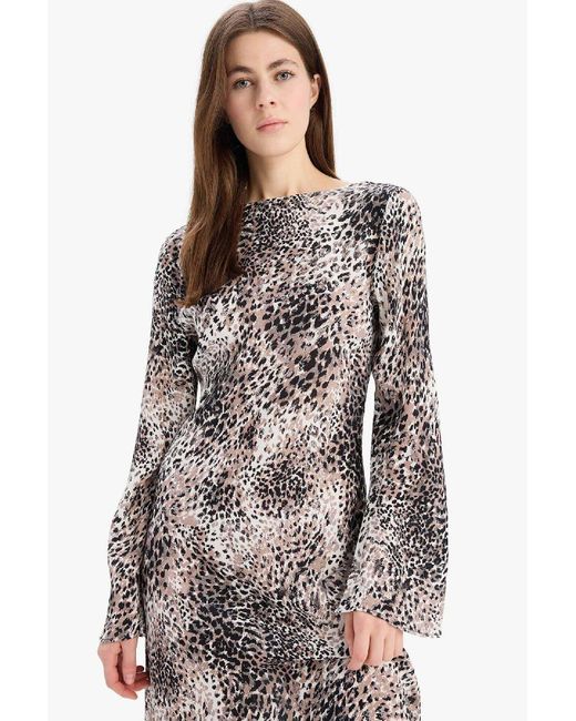 Defacto Natural Marokkanisches Langarm-Midikleid Mit A-Linie Und U-Boot-Ausschnitt Und Leopardenmuster E5793Ax25Sp Für Damen
