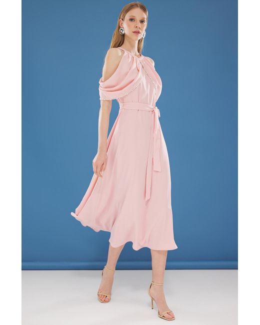 Trendyol Blue Stilvolles Midi-Abendkleid Mit Perlenstickerei, Puder-A-Linie Und Abendkleid Für Damen