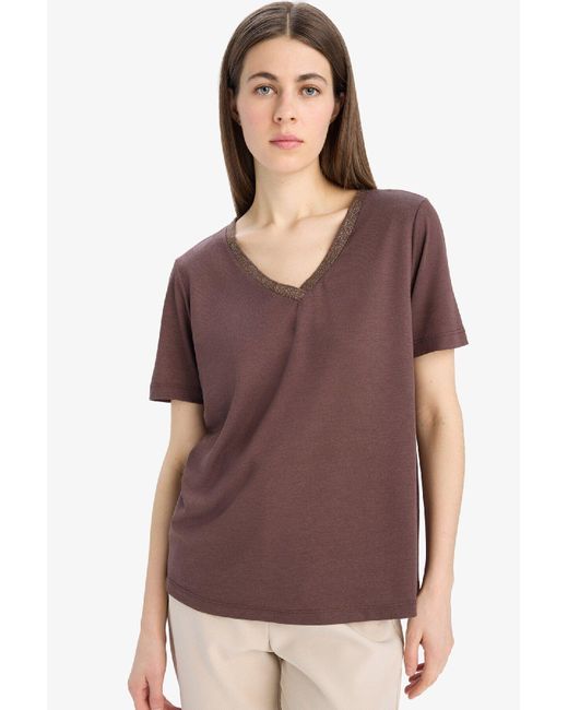 Defacto Brown Normale Passform, V-Ausschnitt, Einfaches, Einfarbiges Kurzarm-T-Shirt Für Damen