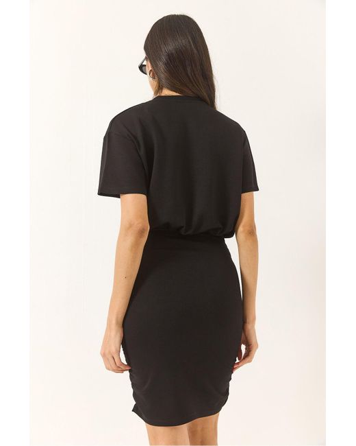 Bianco Lucci Black Rundhalsausschnitt, Kurze Ärmel, Kordelzug, Detailliertes Modal-Basic-Stretch-Strickkleid Für Damen