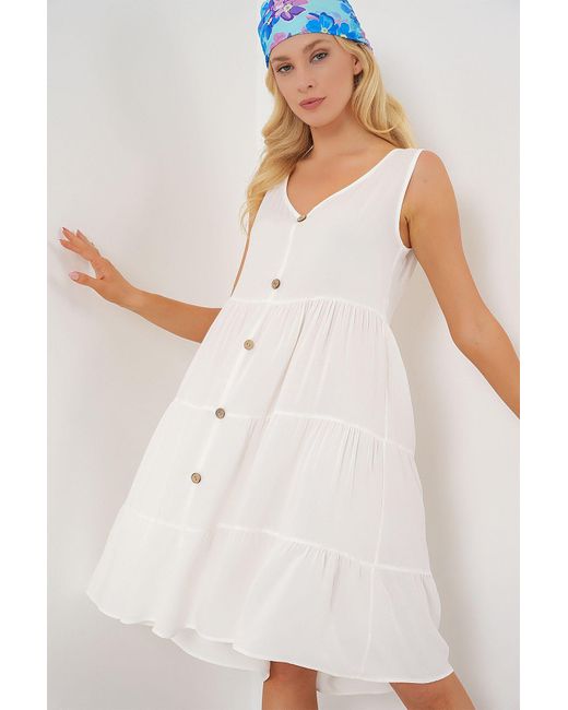 Bigdart White Zero Sleeve Button Short Dress 2571 Weiß Für Damen