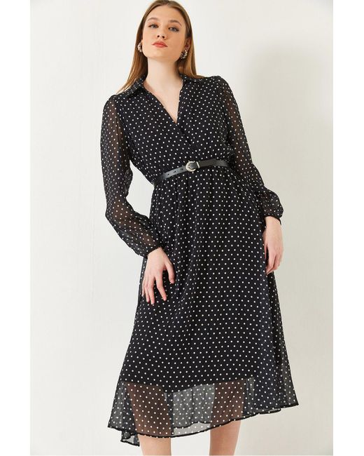 Bianco Lucci Black Gepunktetes, Mit Chiffon Gefüttertes Midi-Webkleid Mit Elastischem Bund 70295 Für Damen