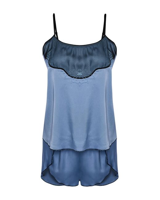 Trendyol Blue Es pyjama-set aus satingewebe – fadenriemen und tülldetail