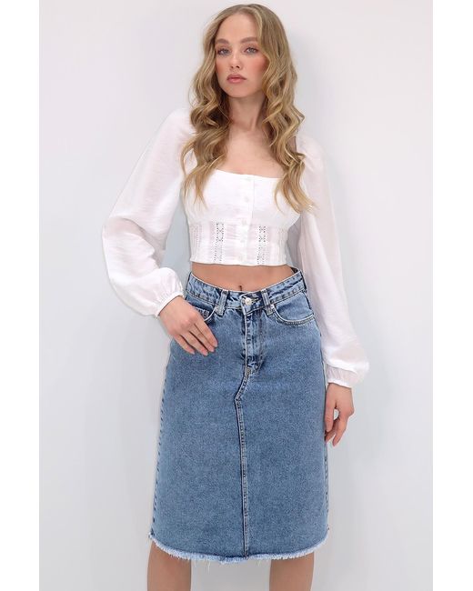 Trend Alaçatı Stili Blue Blauer Midi-Jeansrock Mit Hoher Taille Und 5 Taschen Für Damen