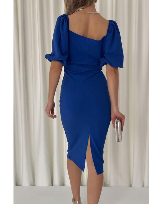 Deafox Blue Saks – Blaues, Kurzärmliges Kleid Aus Kreppstoff Mit Gürtel Für Damen