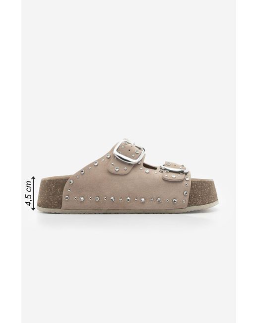 Marjin Natural Hausschuhe Aus Echtem Leder Mit Stein-Doppelband Und Kork-High-Sohle, Tusila, Wildleder Für Damen