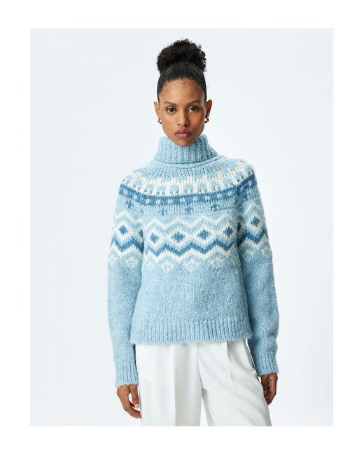 Koton Blue Langärmliger Rollkragenpullover Mit Ethnischem Muster Für Damen