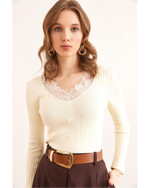 Olalook White Kragen Spitze Knopf Detaillierte Lycra Trikot Bluse Blz- 19002868 Für Damen