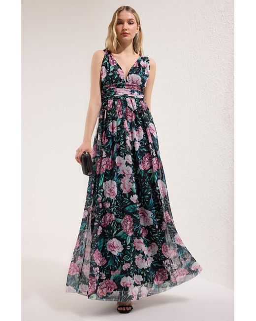Trendyol Blue Mehrfarbiges A-Linien-Flieger-Flieger-Tüll-Strick-Lang-Stilvolles Abendkleid Für Den Abend, Mezuiyet-Kleid Für Damen