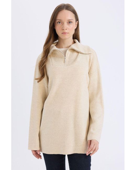 Defacto Natural Strickpullover-Tunika Mit Normaler Passform, Reißverschluss Und Stehkragen Für Damen