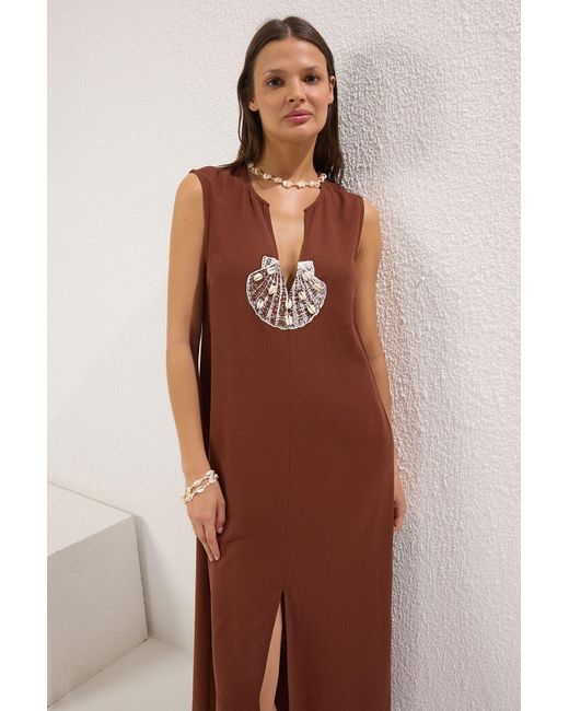 Trendyol Brown Braunes Maxi-Strandkleid Mit Gewebten Accessoires Für Damen