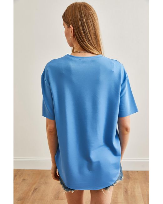 Olalook Blue Indigo modal geknöpftes weiche textur sechs ovale t-shirt