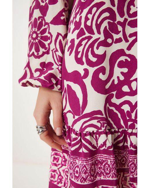 Happiness İstanbul Pink Hemdkleid Mit Pflaumencreme-Muster, Drapiert, Für Damen
