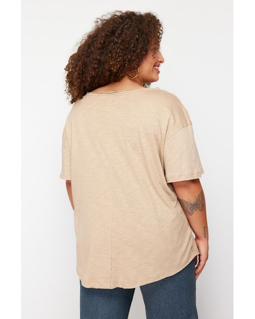 Trendyol Natural Beiges boyfriend-strick-t-shirt mit knopfdetail