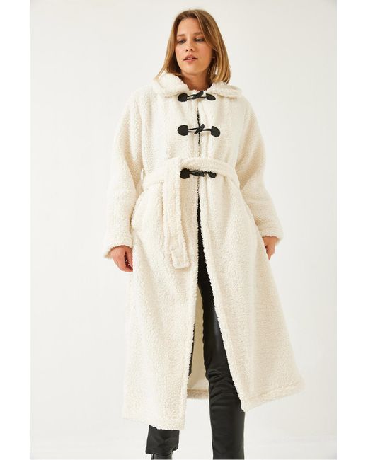 Bianco Lucci Natural Geknöpfter, Gefütterter Teddy-Mantel Mit Gürtel 938127 Für Damen