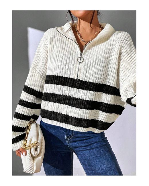 Know Blue Schwarz Gestreifter Weißer Strickpullover – Halber Reißverschluss, Schulterfrei Für Damen