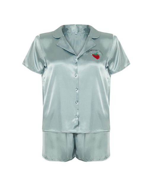Trendyol Blue Mintes pyjama-set aus satin mit besticktem hemdkragen und erdbeermuster