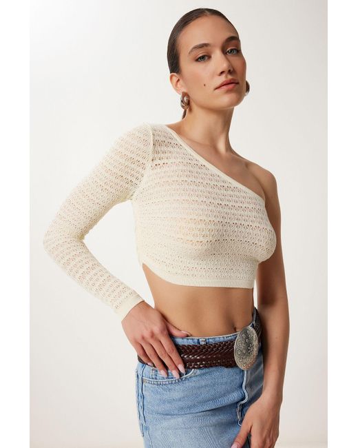 Happiness İstanbul Blue Cremefarbene, Durchbrochene, Flexible Strickbluse Mit Einer Schulter Für Damen