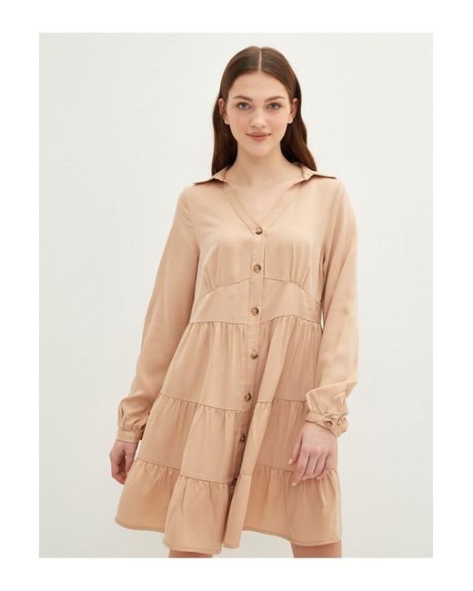 LC Waikiki White Einfarbiges, Langärmliges Gabardine-Kleid Mit Hemdkragen Für Damen