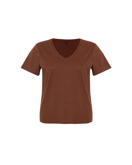 Trendyol Brown Es basic-strick-t-shirt mit v-ausschnitt
