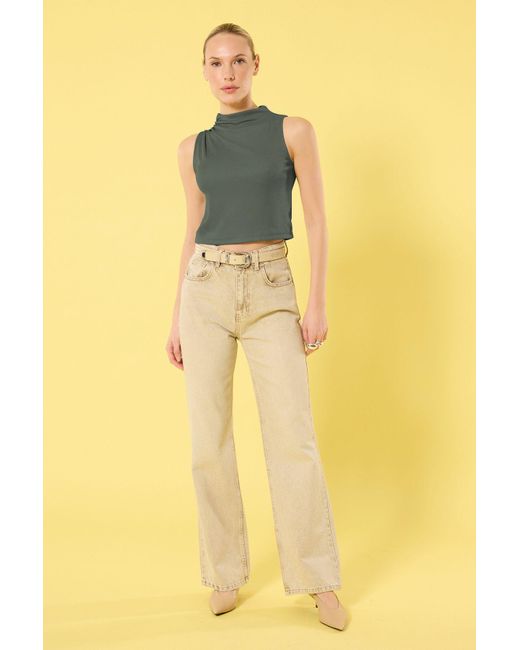 Trendyol Yellow Graue Gestrickte Crop-Bluse – Geraffte Details, Reguläre Passform Für Damen