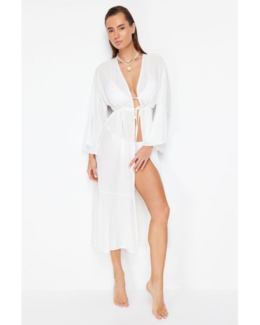 Trendyol White Maxi-Strandkimono Mit Kordelzug Und Kaftan Für Damen