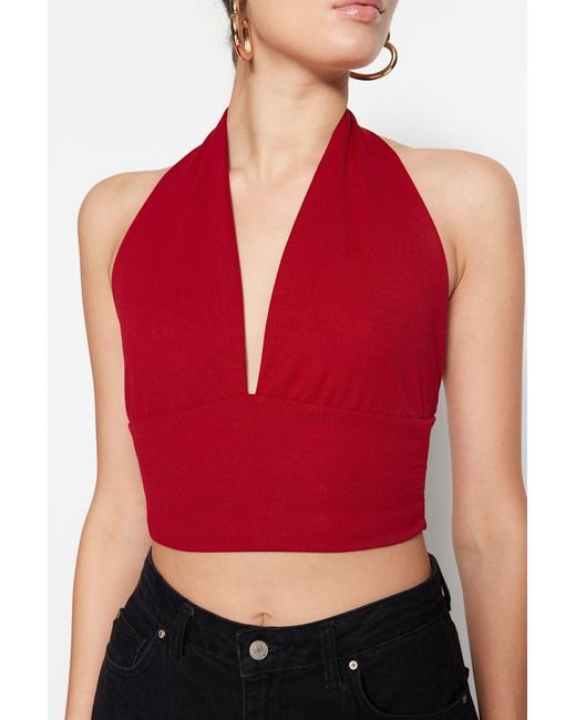 Trendyol Red Burgunderfarbene Neckholder-Bluse Mit Eng Anliegendem, Kurz Geschnittenem Strick Für Damen