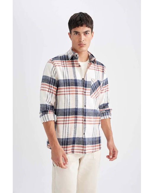 Defacto Regular Fit Kariertes Holzfäller-Flanell-Langarmshirt D4180Ax24Wn Für Herren in White für Herren