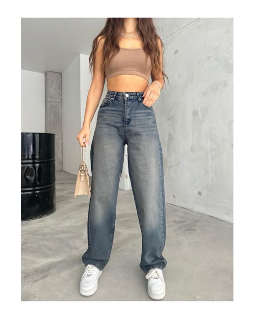BİKELİFE Blue Locker Geschnittene, Bequeme Baggy-Jeanshose Mit Weitem Bein Für Damen