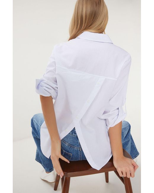 Happiness İstanbul White Weiße Asymmetrische Fiktion Mit Details Für Gewebtes Hemd Für Damen