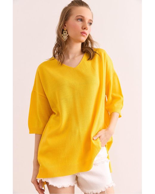 Olalook Yellow Gelbe, Fließende Bluse Mit V-Ausschnitt Und Kurzen Ärmeln Blz- 19002899 Für Damen