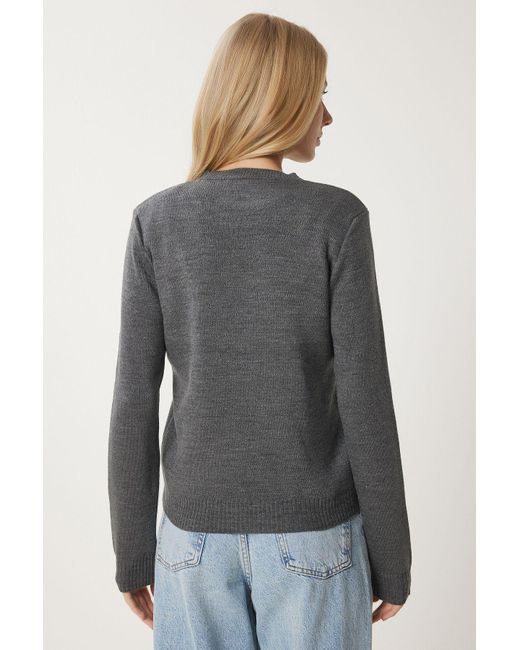 Happiness İstanbul Gray Anthrazitfarbener, Mit Teddybären Bestickter Strickpullover Für Damen