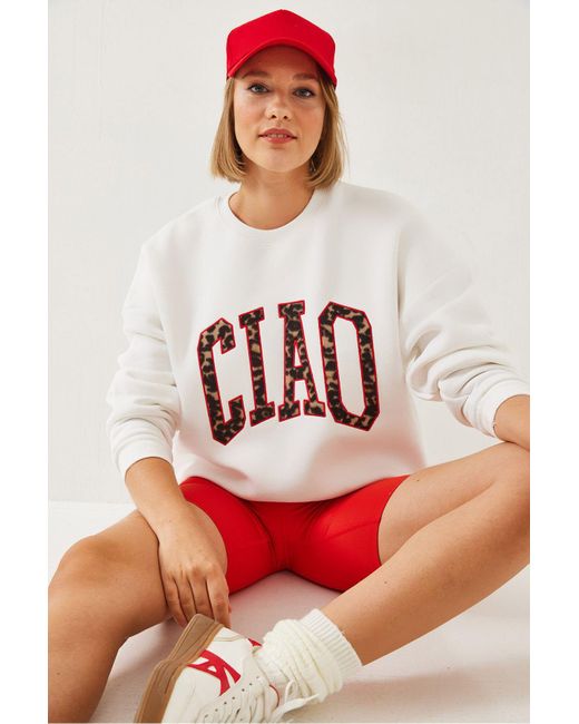 Bianco Lucci Red Sweatshirt Mit Dreifädigem, Erhabenem Leopardenmuster 6429 Für Damen