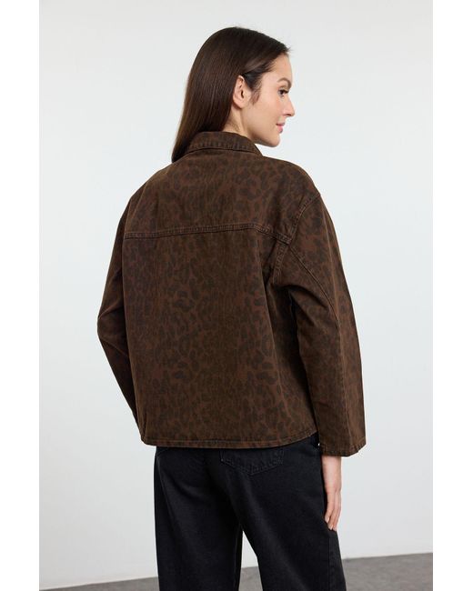 Trendyol Multicolor Braune, Übergroße Jeansjacke Mit Mehrfarbigem Leopardenmuster Und Bindedetail Für Damen