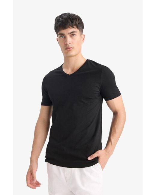Defacto 100 Baumwolle Slim Fit Slim Fit V-Ausschnitt Basic Solid Kurzarm Schwarzes T-Shirt M7668Az25Sp Für Herren in Black für Herren
