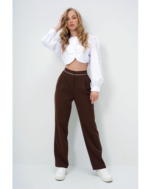 Trend Alaçatı Stili Multicolor Bitterbraune Hose Mit Doppelter Tasche Und Paspelierung, Plissiert, Palazzo-Gewebt, Für Damen