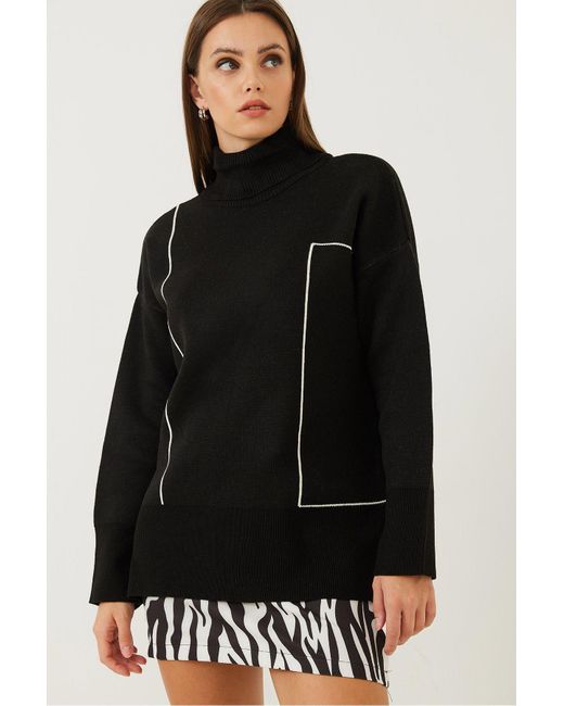Bianco Lucci Black Geometrisch Gemusterter Rollkragenpullover Für Damen