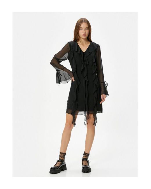 Koton Black Mini-Tüllkleid Mit Rüschen, Langen Ärmeln, Fließend, Mehrlagig, V-Ausschnitt, Gefüttert Für Damen
