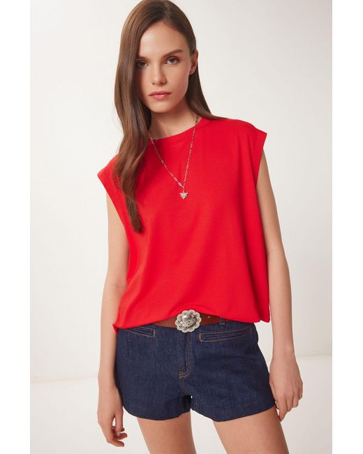 Happiness İstanbul Red Rotes Basic-Strick-T-Shirt Für Damen