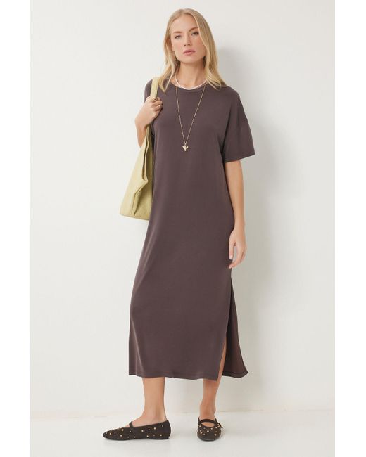 Happiness İstanbul Brown Dunkelbraunes, Übergroßes Basic-Sommer-Strickkleid Für Damen