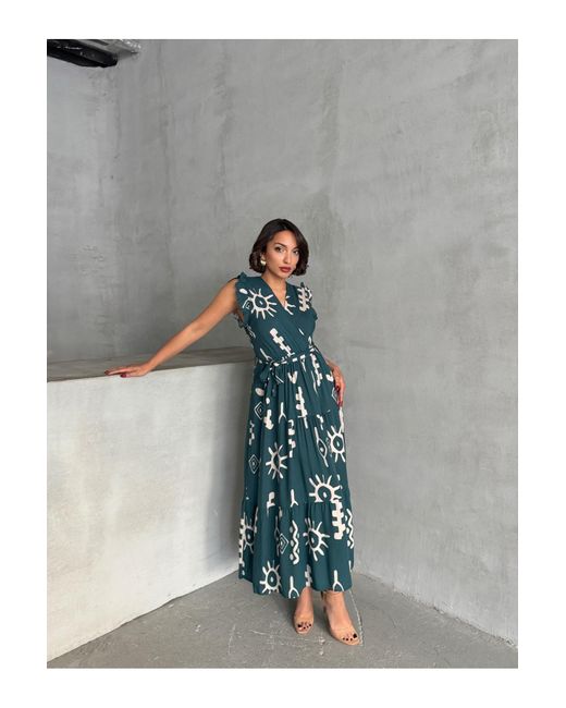 BEJNA Blue Grünes, Gewebtes Kleid Mit Fliegenärmeln Und Zweireihigem Ausschnitt Für Damen