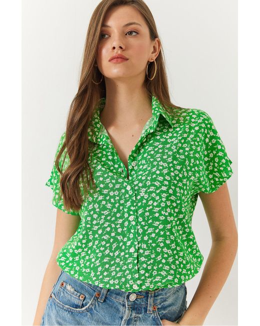 Bianco Lucci Green Gemustertes Viskosehemd Mit Fledermausärmeln Für Damen