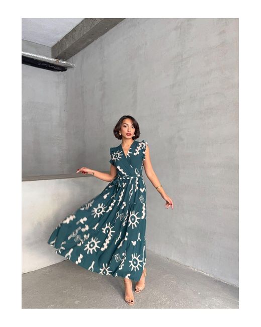 BEJNA Blue Grünes, Gewebtes Kleid Mit Fliegenärmeln Und Zweireihigem Ausschnitt Für Damen