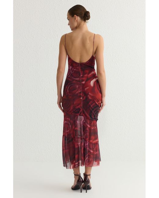 Trendyol Red Mehrfarbiges, Gestricktes, Schickes Kleid Mit A-Schnitt Und Dekolleté-Ausschnitt Und Blumenmuster Für Damen