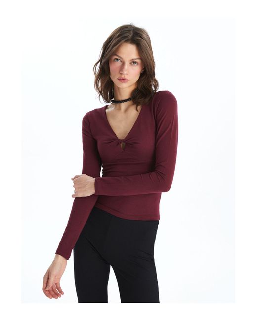 LC Waikiki Red Flache Bluse Mit V-Ausschnitt Und Langen Ärmeln Für Damen