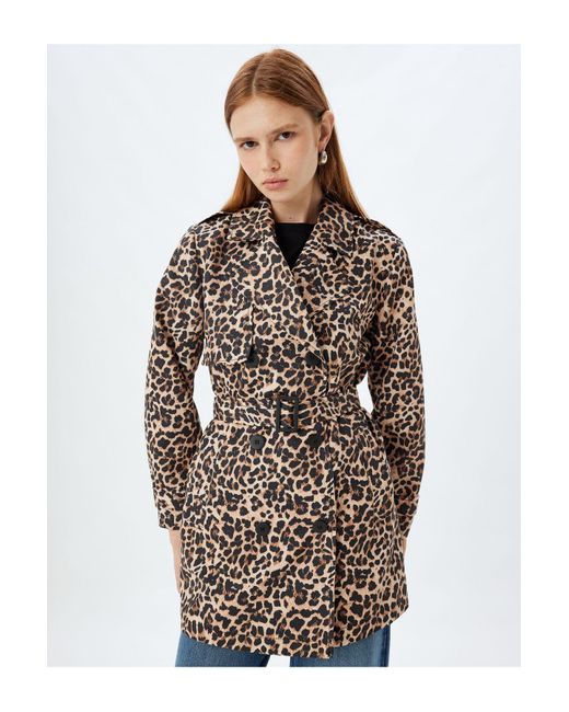 Koton Brown Zweireihiger Trenchcoat Mit Gürtel Und Leopardenmuster Für Damen