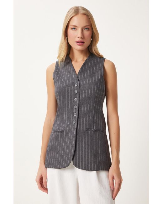 Happiness İstanbul Gray Anthrazitfarbene, Detaillierte, Gestreifte, Gewebte Fleto-Weste Für Damen