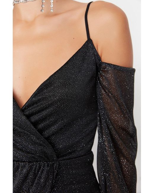 Trendyol Black Schwarzes Glitzer-Abendkleid Aus Strick – Kragendetail, Kurzes, Stylisches Kleid Für Damen