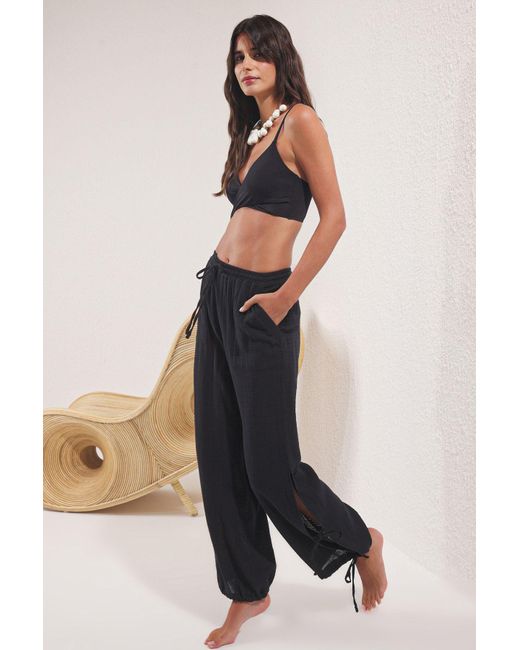 Trendyol Gray Schwarze Strandhose Aus Musselin Mit Schnürung Und Detailliertem Detail Aus 100 Baumwolle Für Damen